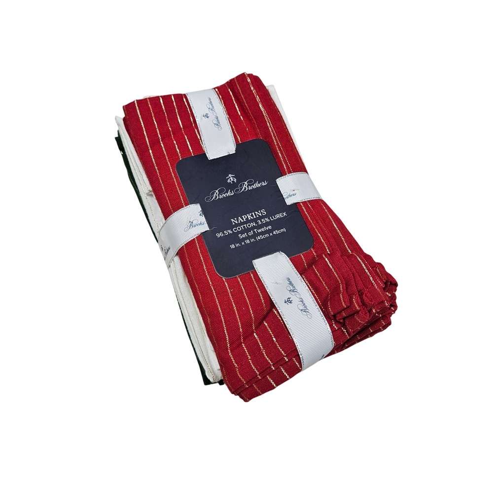 Brooks Brothers Napkins Set of 12 Red Green‎ Cream Gold Pinstripe Holiday Table